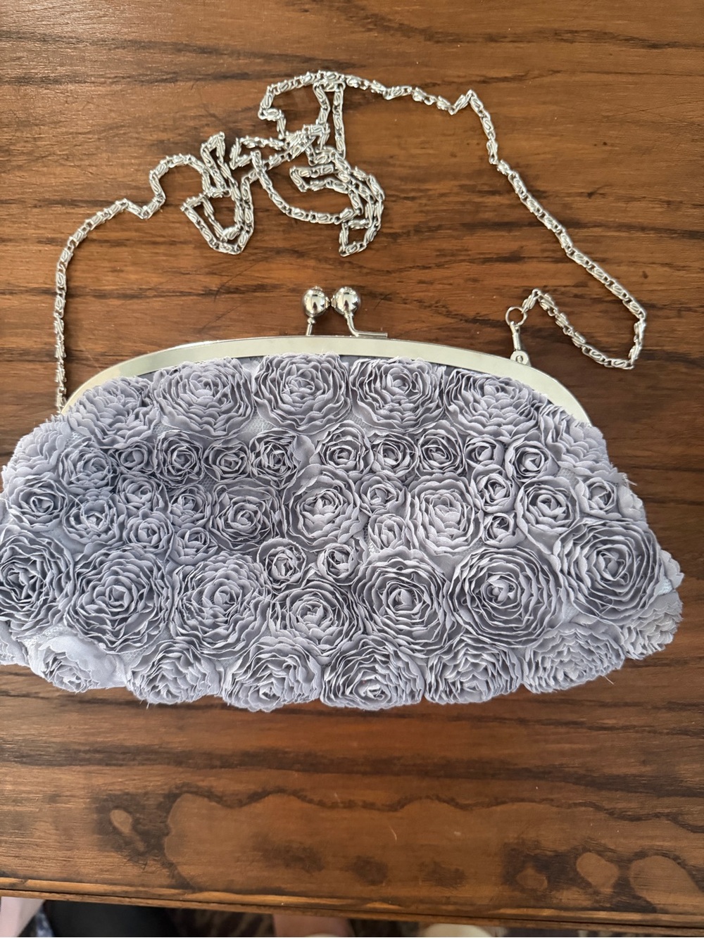 Elegant Silver Gray Floral Rose Clutch with Chain Strap